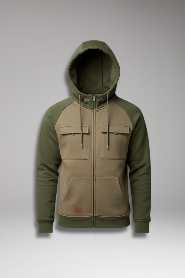 Men's Hooded Sweatshirt Jacket with Raglan Sleeves and Zip Front