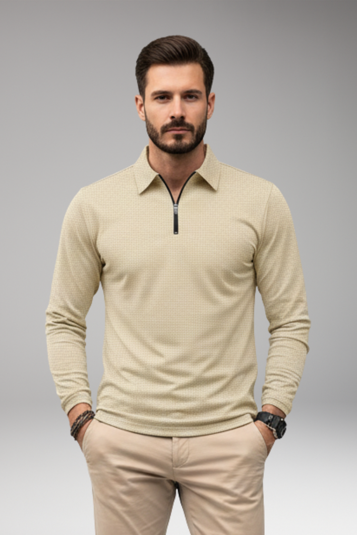 Men’s Long-Sleeve Polo Shirt with Zipper and Textured Surface
