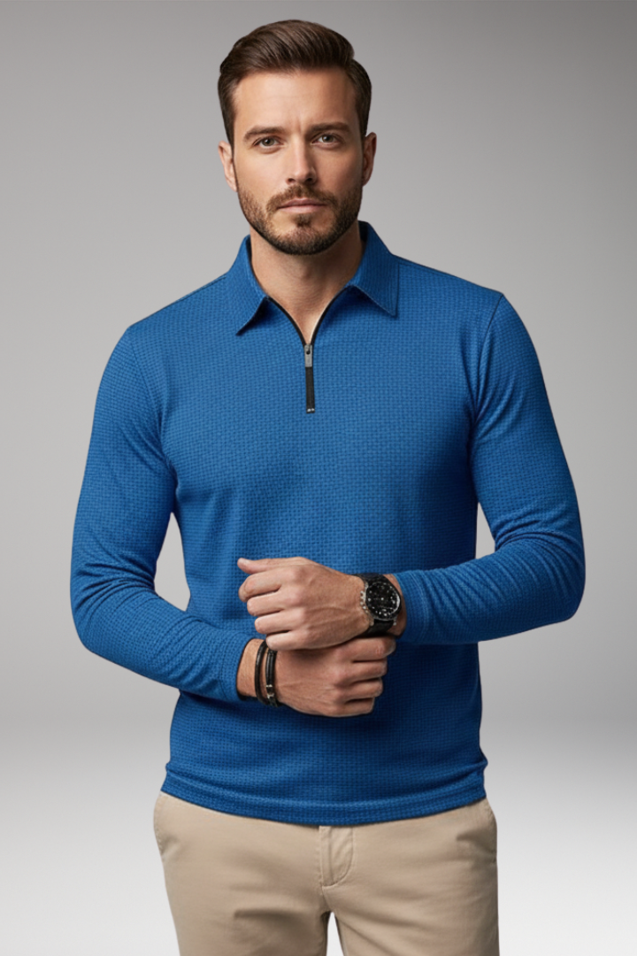 Men’s Long-Sleeve Polo Shirt with Zipper and Textured Surface