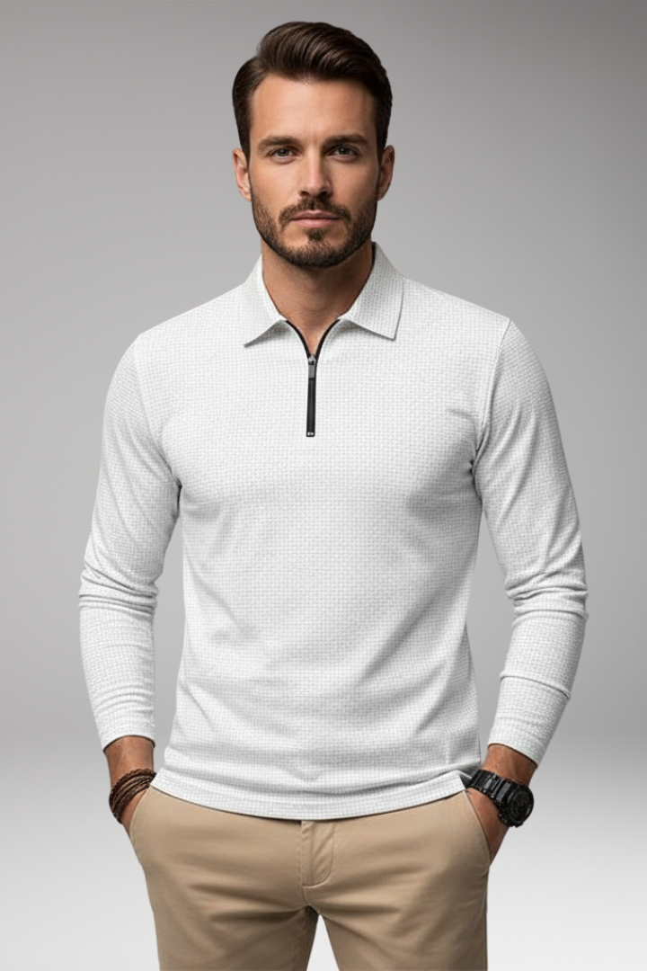 Men’s Long-Sleeve Polo Shirt with Zipper and Textured Surface