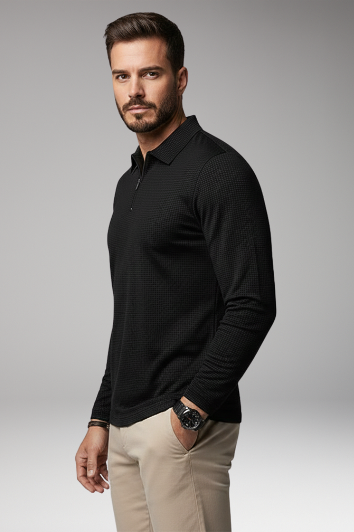 Men’s Long-Sleeve Polo Shirt with Zipper and Textured Surface