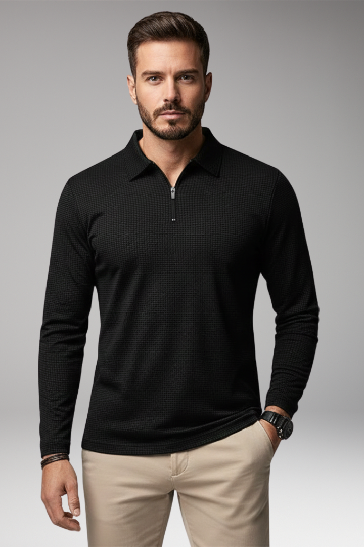 Men’s Long-Sleeve Polo Shirt with Zipper and Textured Surface