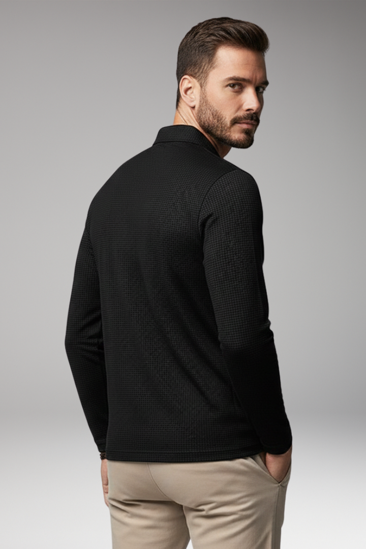 Men’s Long-Sleeve Polo Shirt with Zipper and Textured Surface