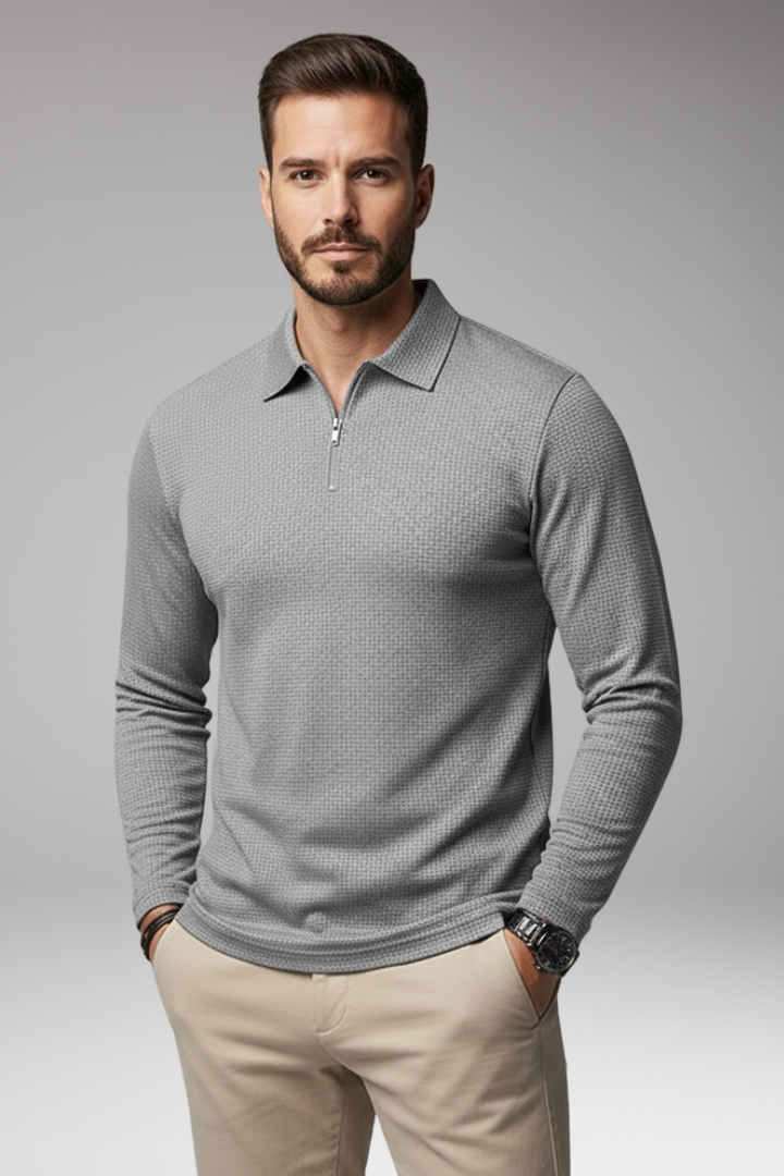 Men’s Long-Sleeve Polo Shirt with Zipper and Textured Surface