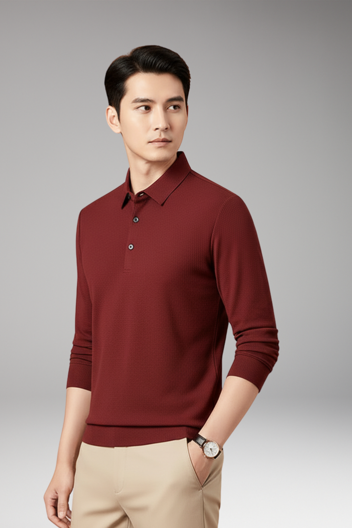 Men’s Long-Sleeve Polo with Textured Knit and Streamlined Cut