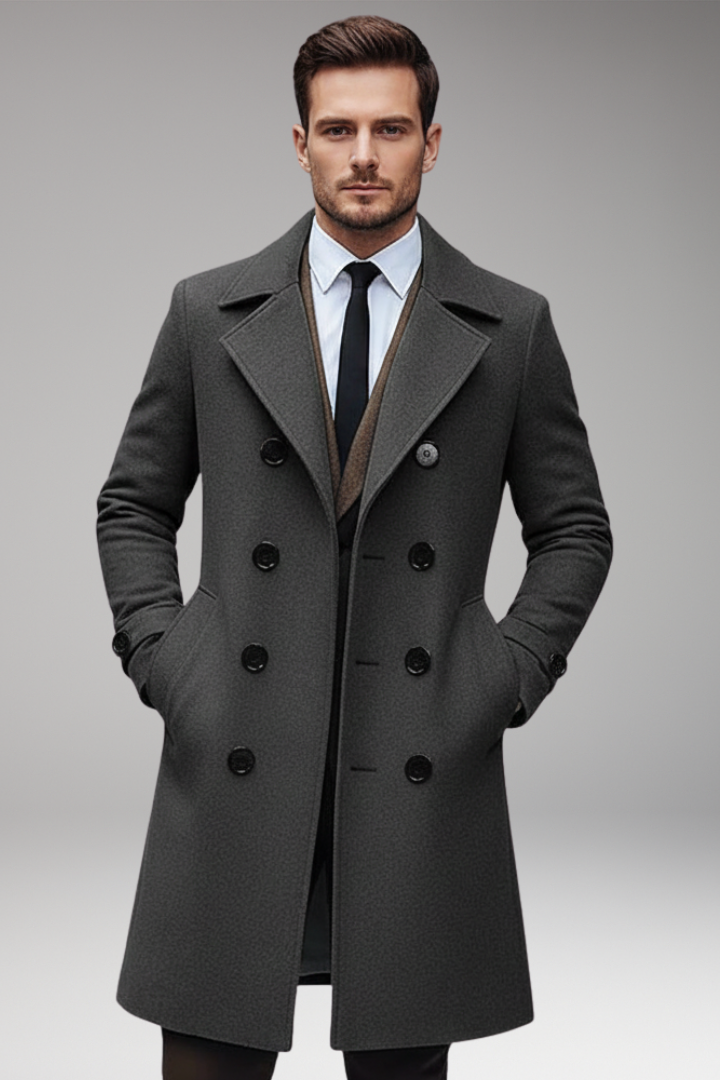 Men’s Long Coat with Notch Lapel and Front Button Design