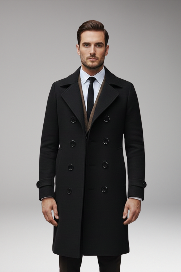 Men’s Long Coat with Notch Lapel and Front Button Design