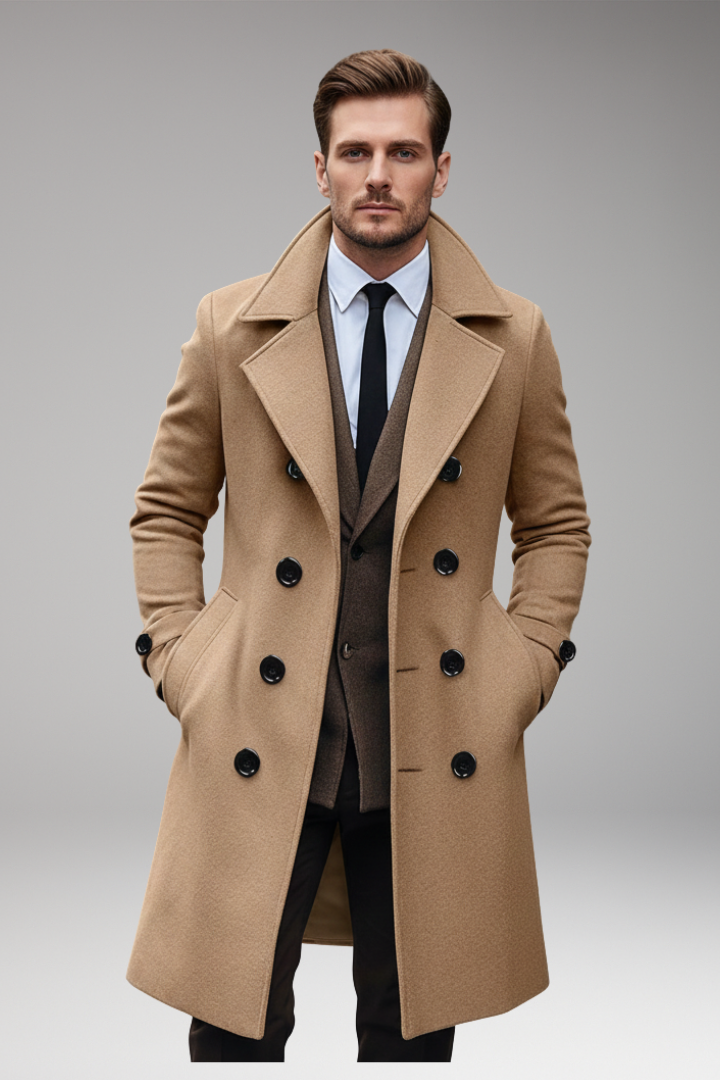 Men’s Long Coat with Notch Lapel and Front Button Design
