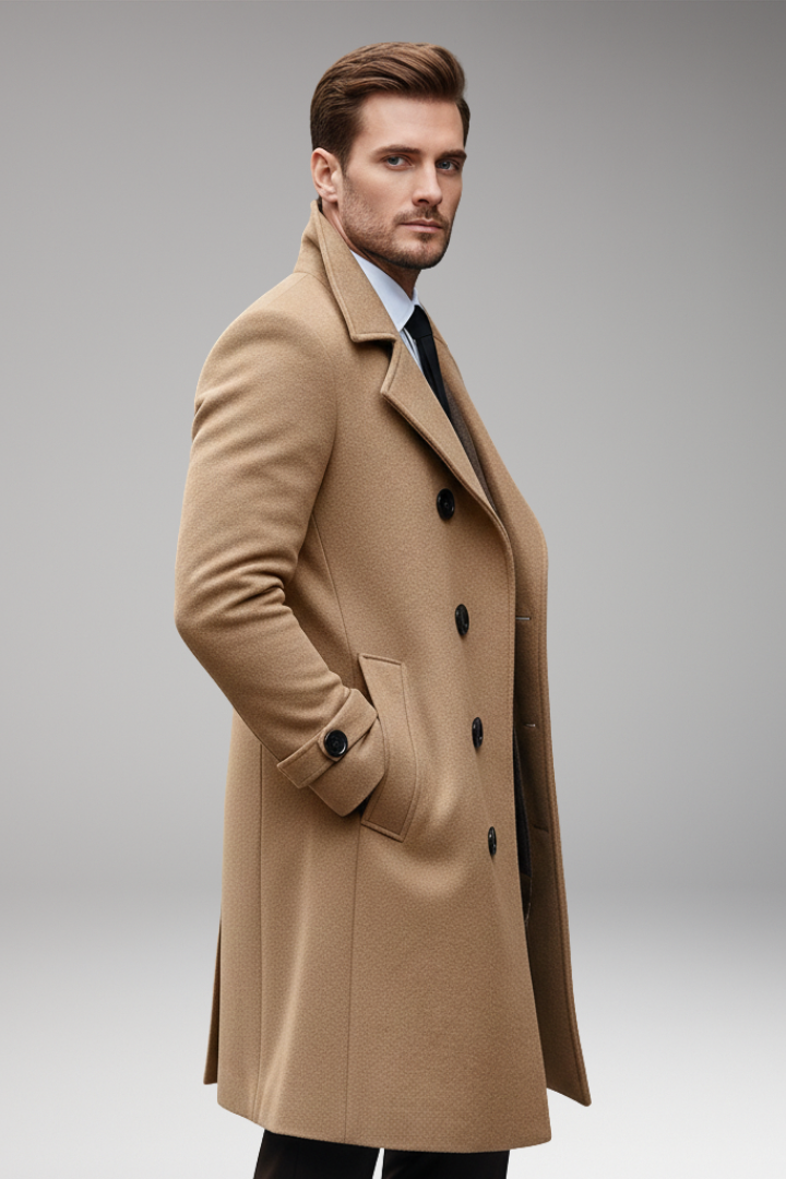 Men’s Long Coat with Notch Lapel and Front Button Design