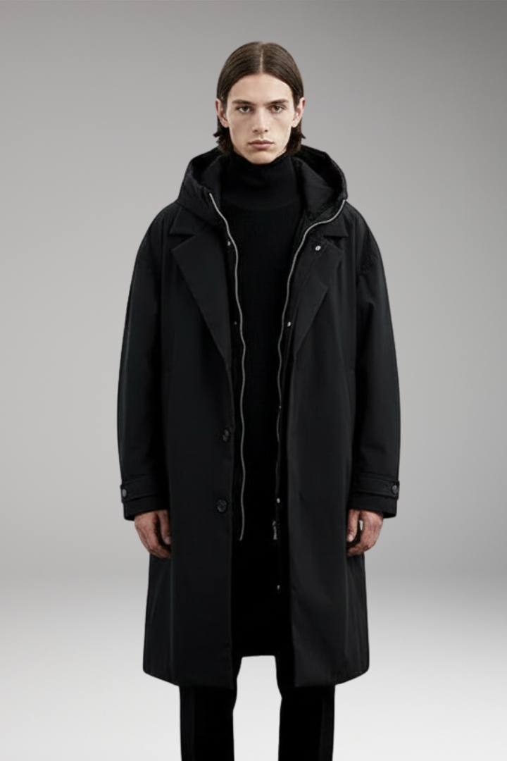 Men's Long Puffer Coat with Hood and Outer Shell for Daily Use