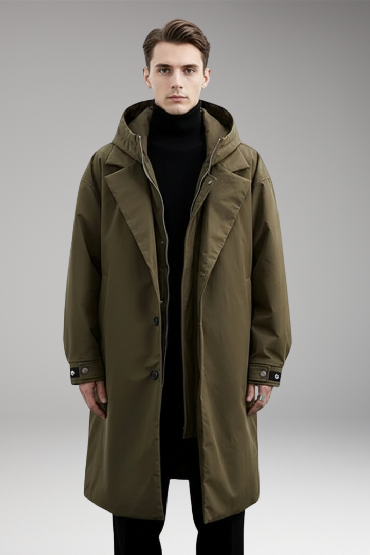 Men's Long Puffer Coat with Hood and Outer Shell for Daily Use
