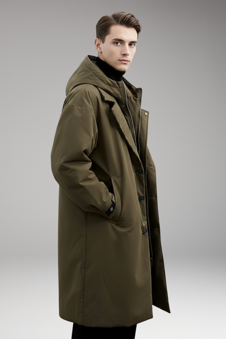 Men's Long Puffer Coat with Hood and Outer Shell for Daily Use