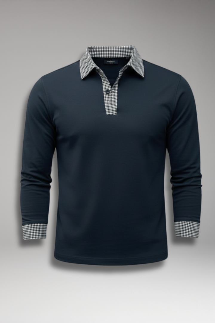Men’s Long Sleeve Polo Shirt with Plaid Patchwork and Button Collar