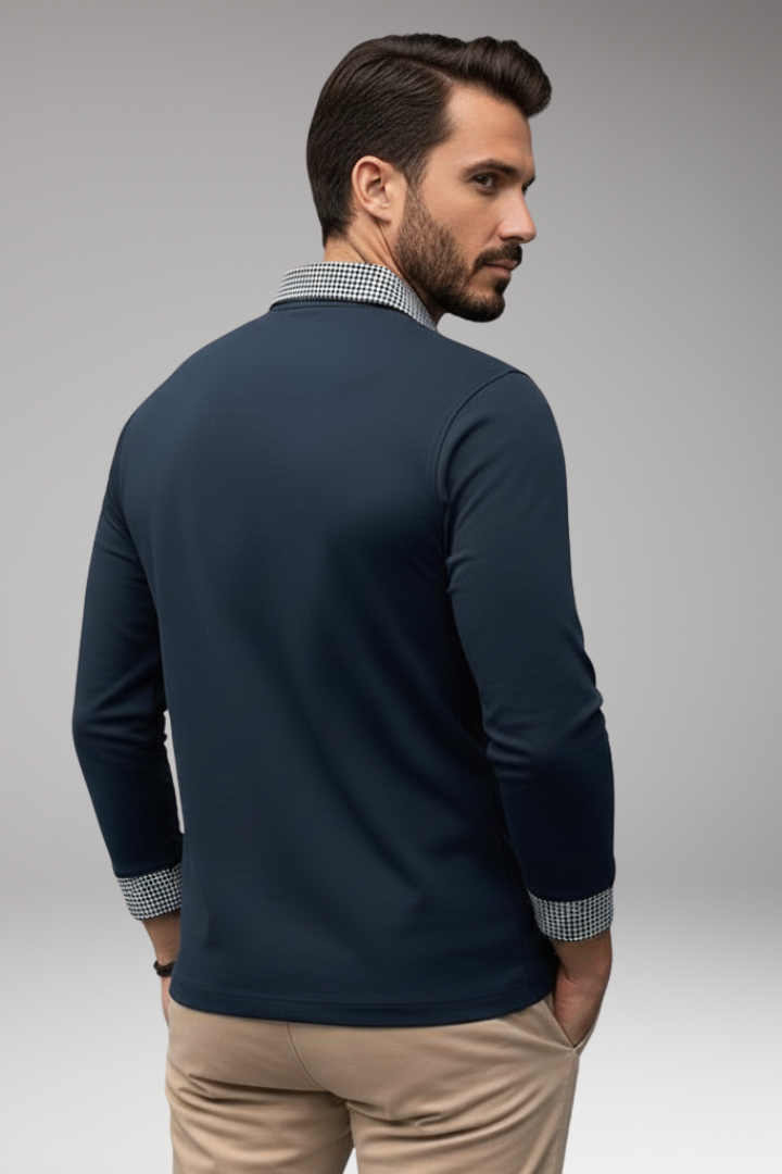 Men’s Long Sleeve Polo Shirt with Plaid Patchwork and Button Collar