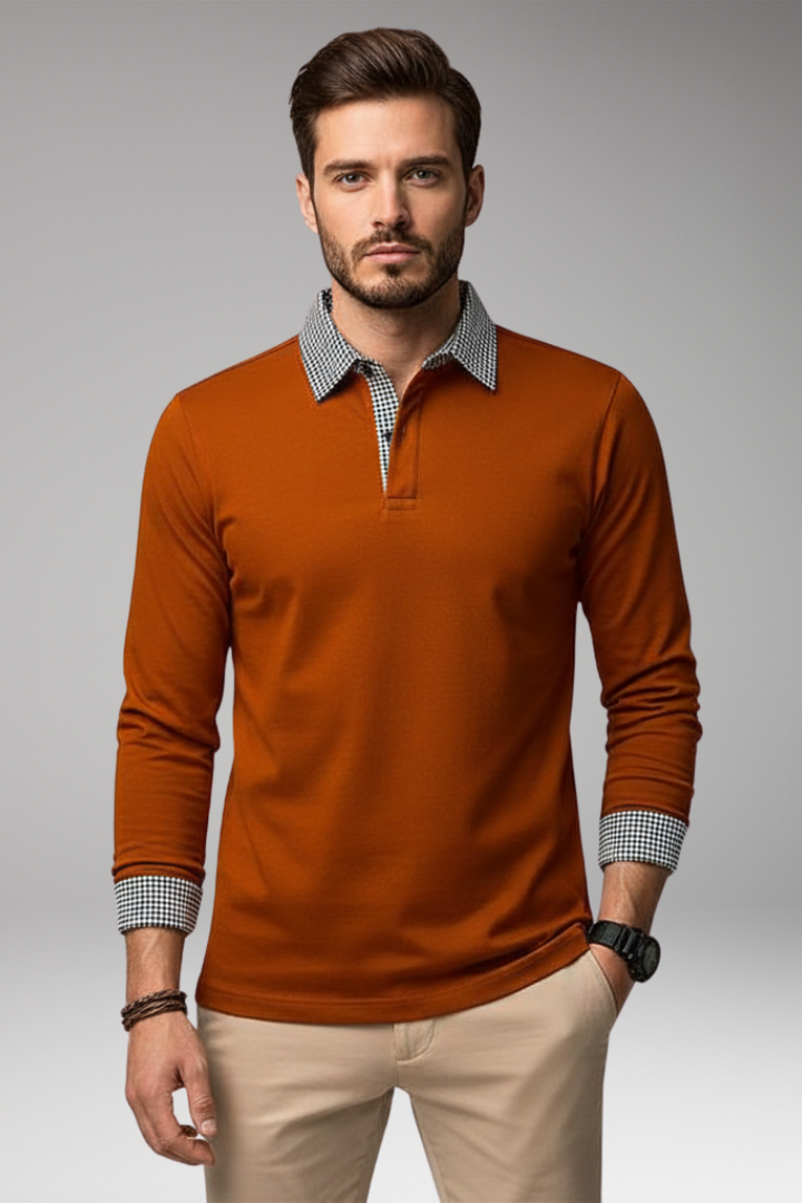 Men’s Long Sleeve Polo Shirt with Plaid Patchwork and Button Collar