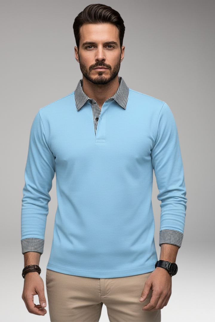 Men’s Long Sleeve Polo Shirt with Plaid Patchwork and Button Collar