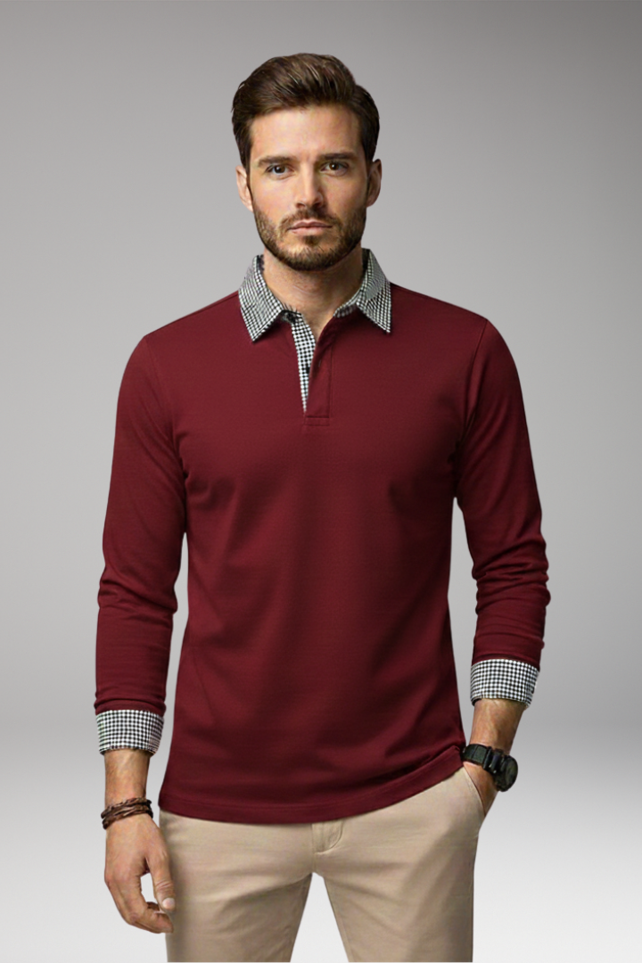 Men’s Long Sleeve Polo Shirt with Plaid Patchwork and Button Collar