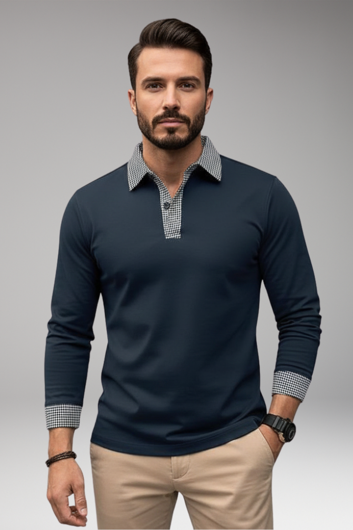 Men’s Long Sleeve Polo Shirt with Plaid Patchwork and Button Collar