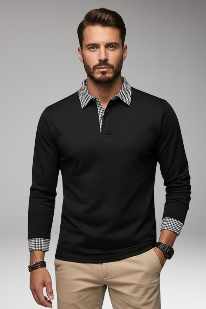 Men’s Long Sleeve Polo Shirt with Plaid Patchwork and Button Collar