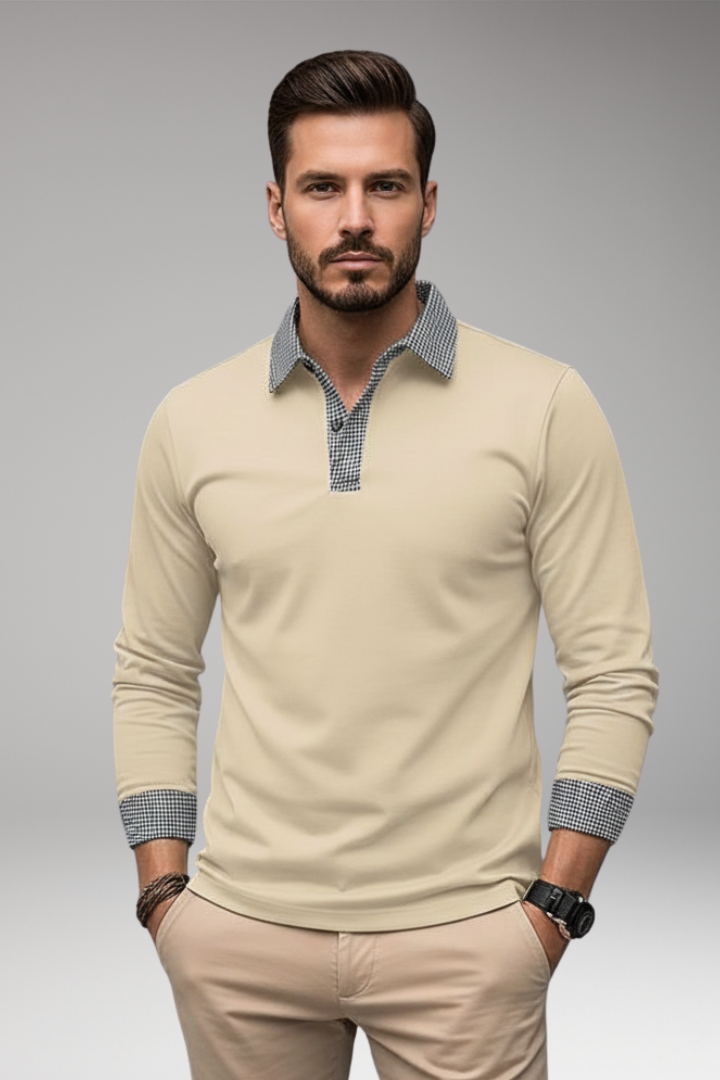 Men’s Long Sleeve Polo Shirt with Plaid Patchwork and Button Collar