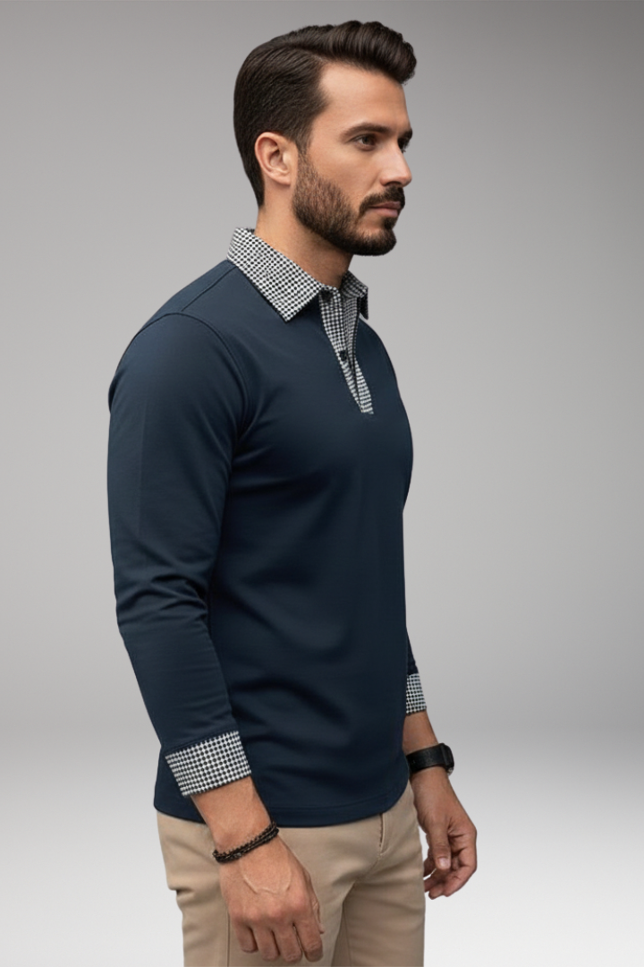 Men’s Long Sleeve Polo Shirt with Plaid Patchwork and Button Collar