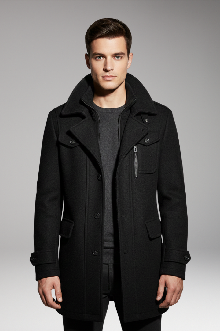 Men's Overcoat with Double Collar and Lined Interior