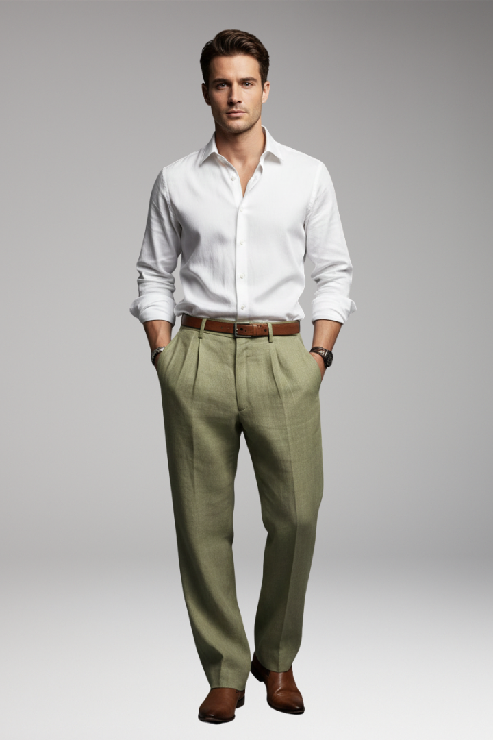 Men’s Pleated Pants with Elastic Waist and Button Closure