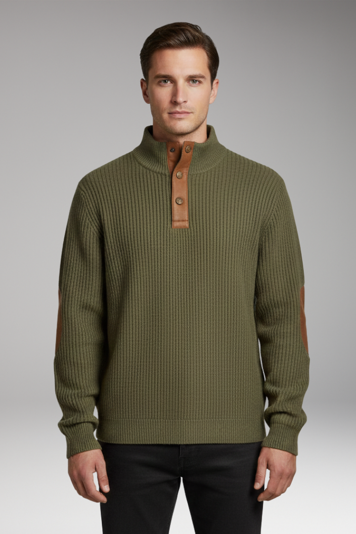 Men's Pullover with Button Neck and Elbow Patch Detail