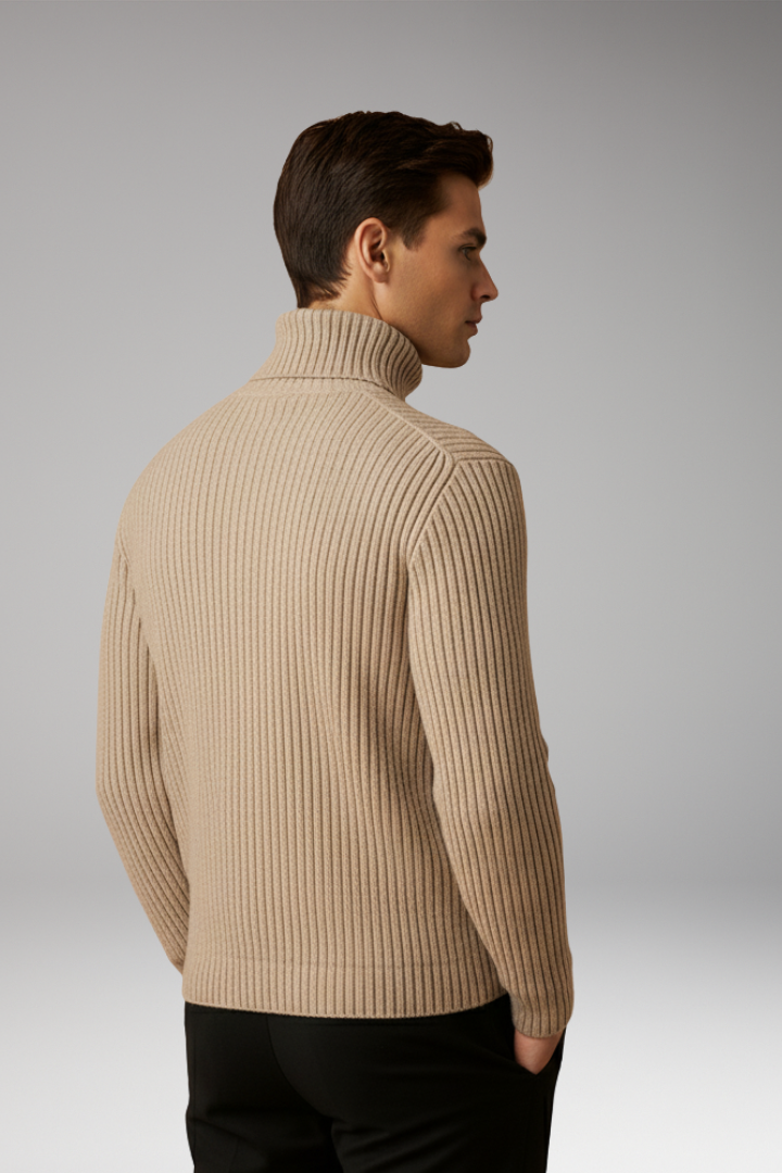 Men’s Turtleneck Sweater with Ribbed Knit and Structured Collar