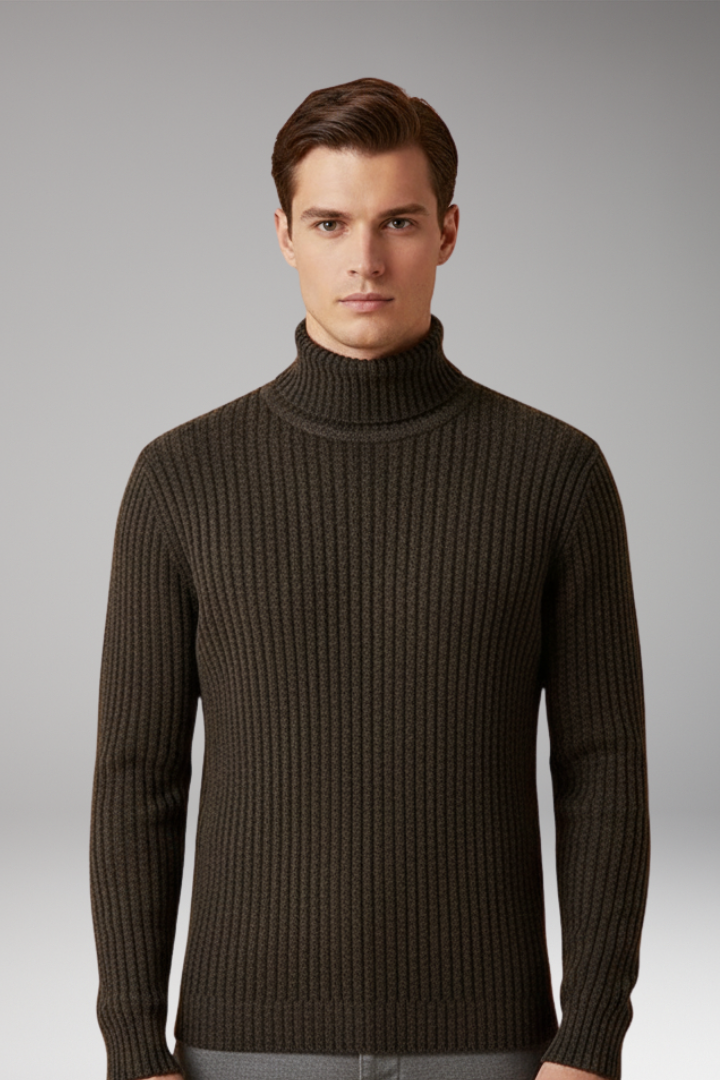 Men’s Turtleneck Sweater with Ribbed Knit and Structured Collar