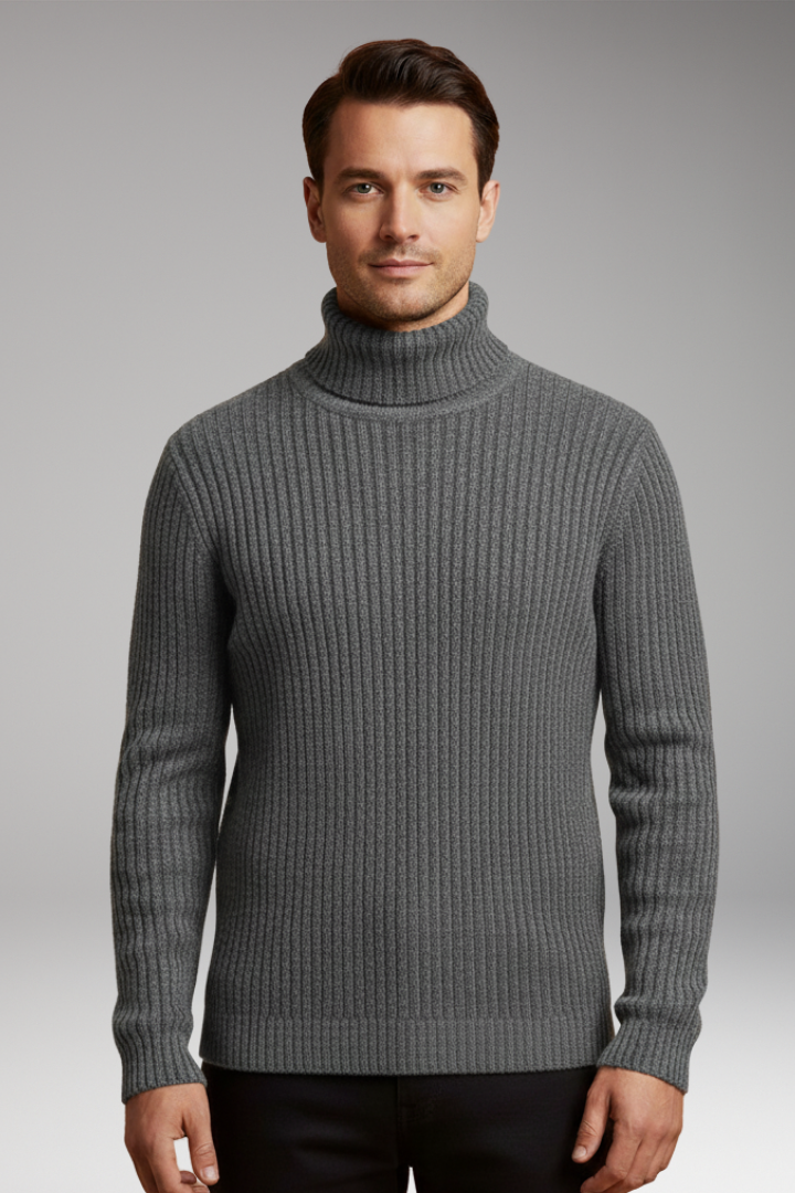 Men’s Turtleneck Sweater with Ribbed Knit and Structured Collar
