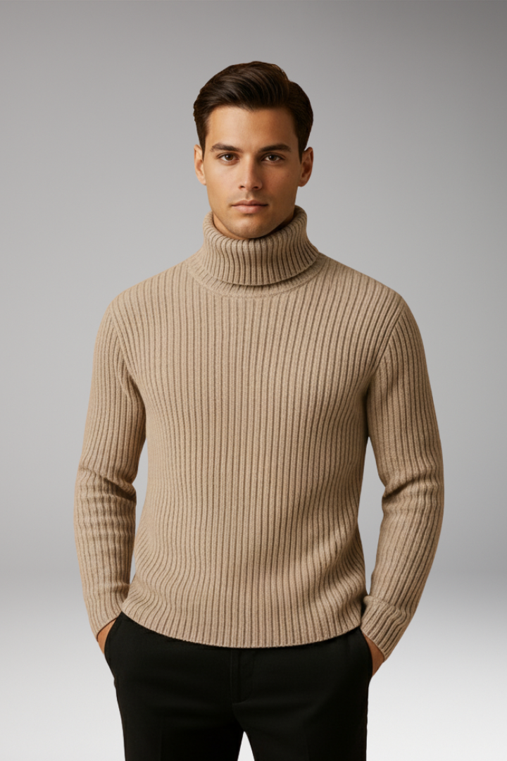 Men’s Turtleneck Sweater with Ribbed Knit and Structured Collar
