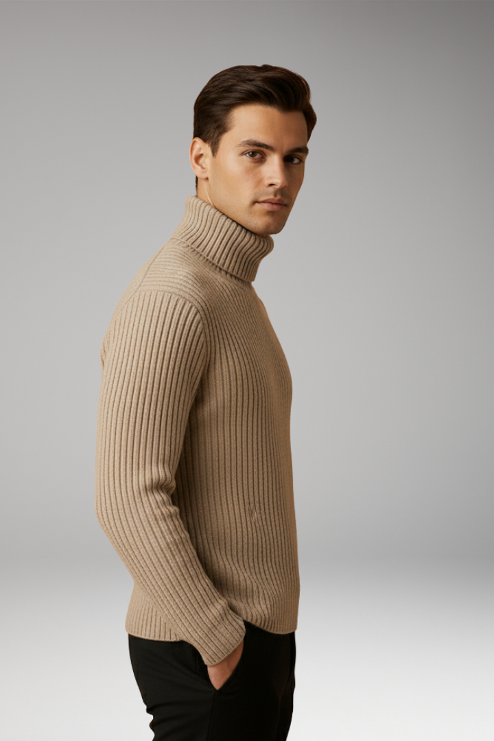 Men’s Turtleneck Sweater with Ribbed Knit and Structured Collar