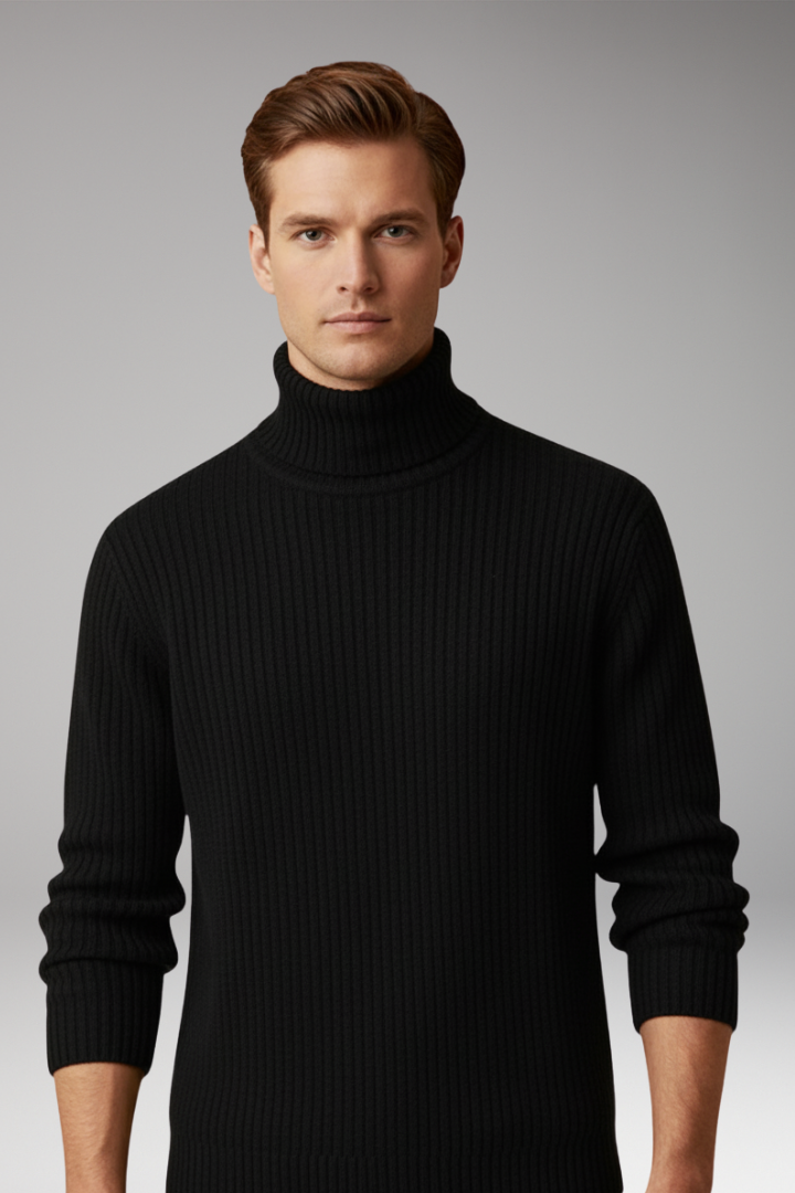 Men’s Turtleneck Sweater with Ribbed Knit and Structured Collar
