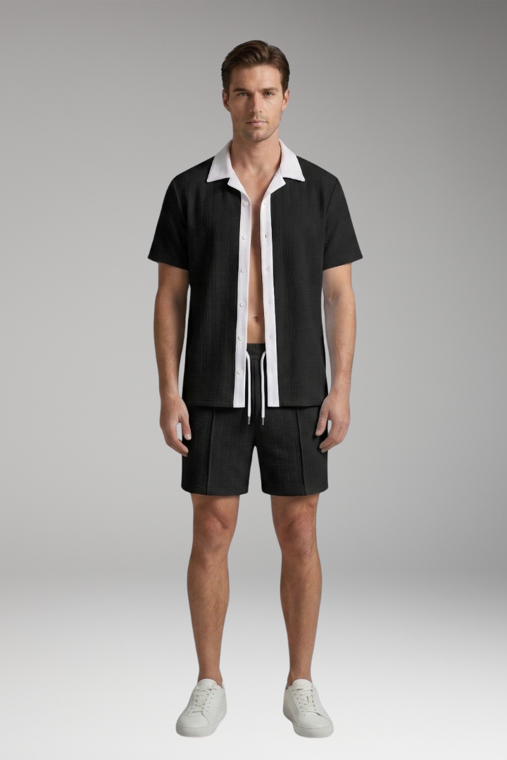 Men's Short Sleeve Shirt and Drawstring Shorts Set with Color Contrast