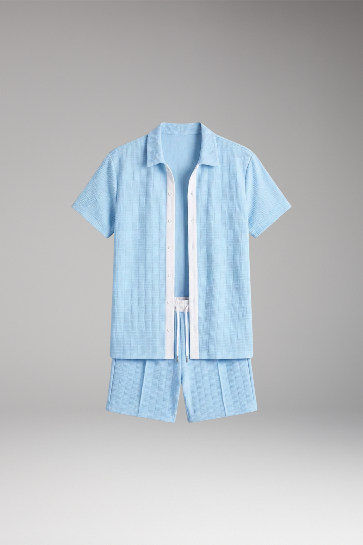 Men's Short Sleeve Shirt and Drawstring Shorts Set with Color Contrast