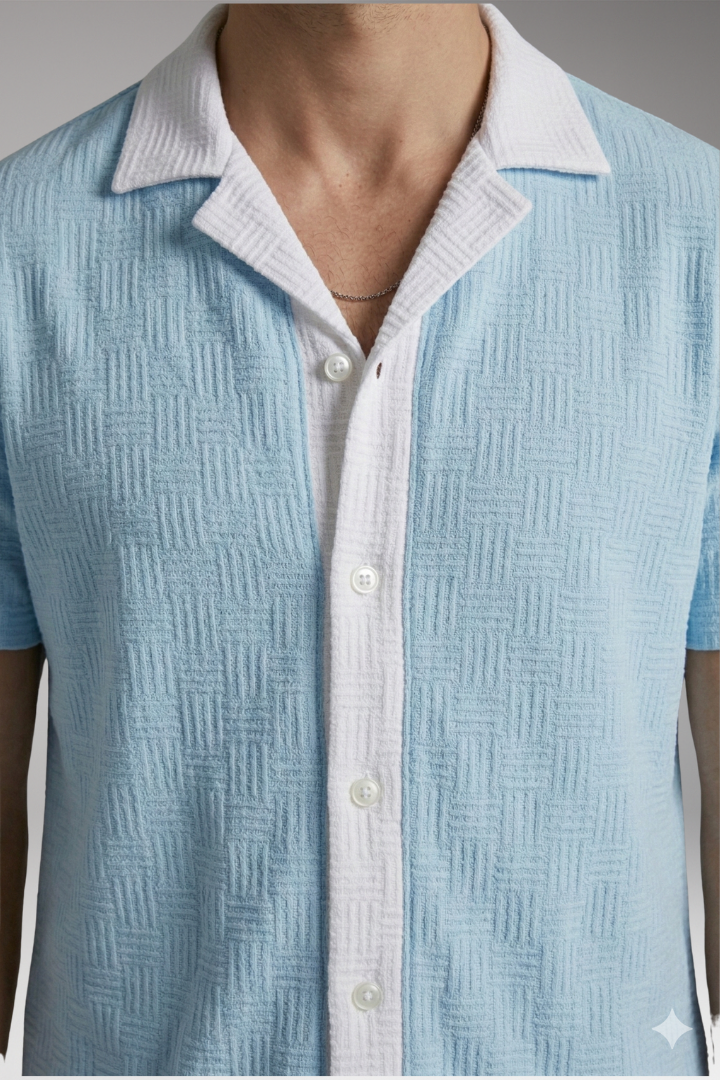 Men's Short Sleeve Shirt and Drawstring Shorts Set with Color Contrast