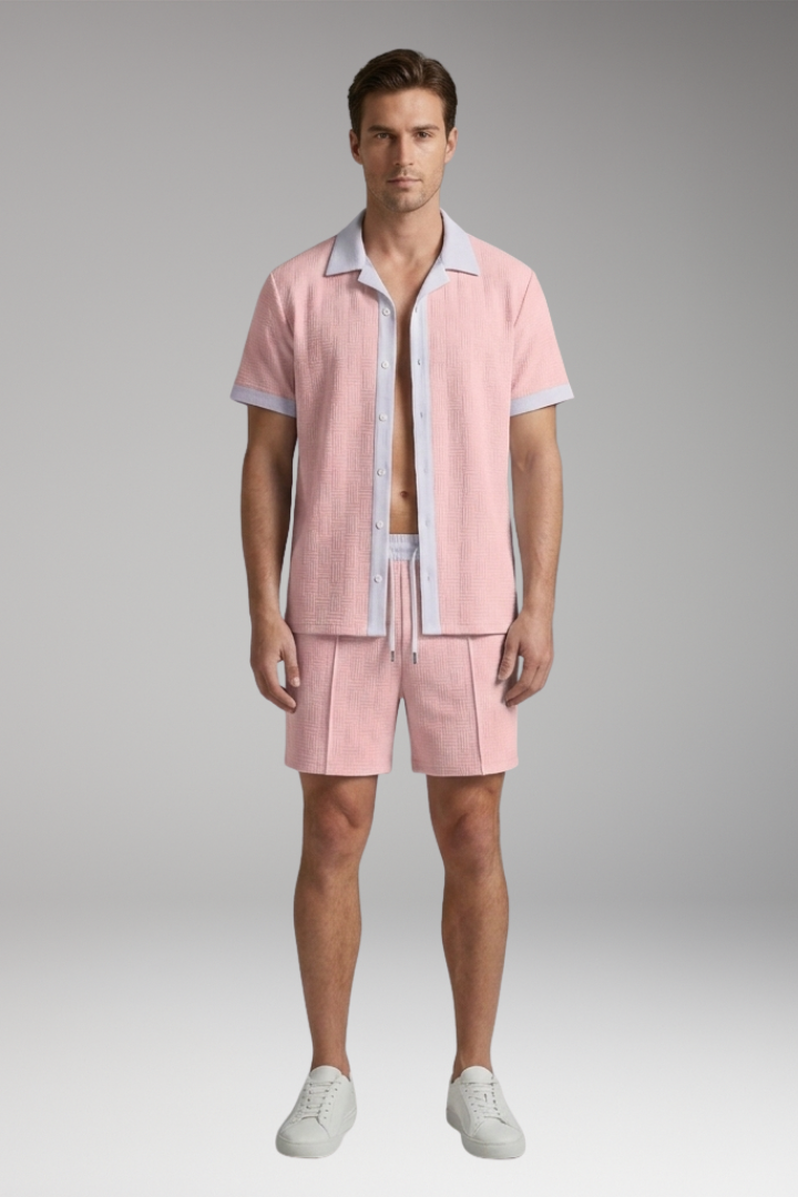 Men's Short Sleeve Shirt and Drawstring Shorts Set with Color Contrast