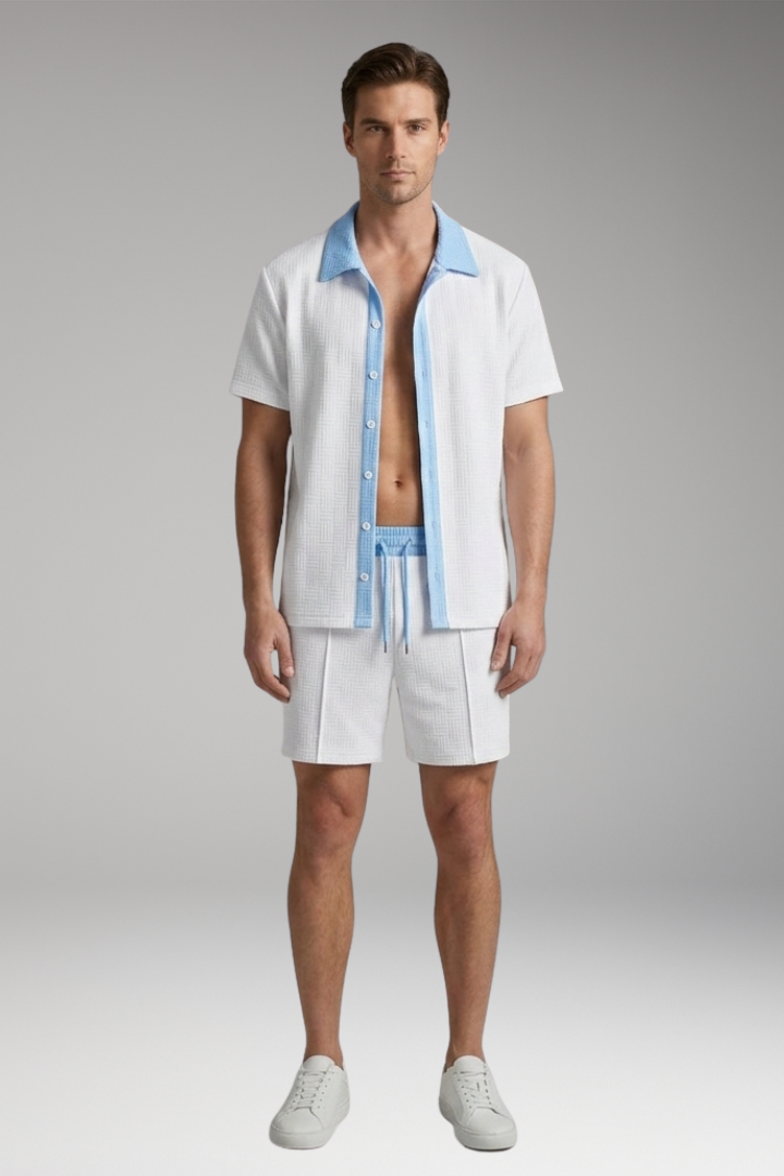 Men's Short Sleeve Shirt and Drawstring Shorts Set with Color Contrast