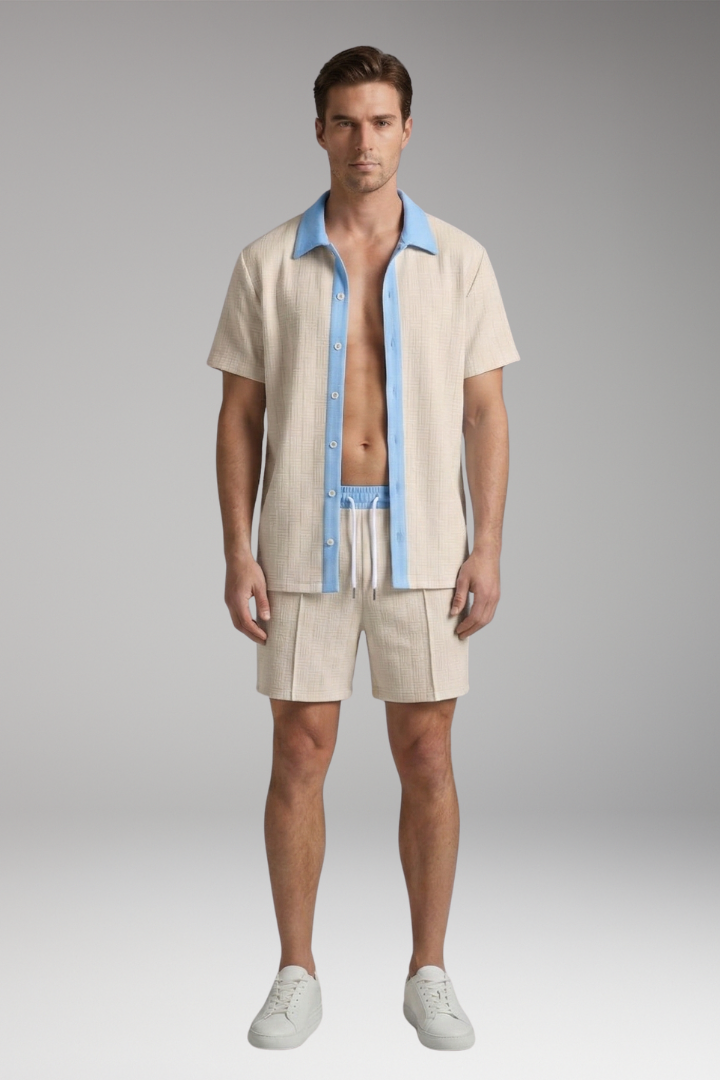 Men's Short Sleeve Shirt and Drawstring Shorts Set with Color Contrast