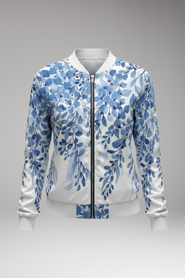 Women's Floral Bomber Jacket with Zip and Ribbed Hem