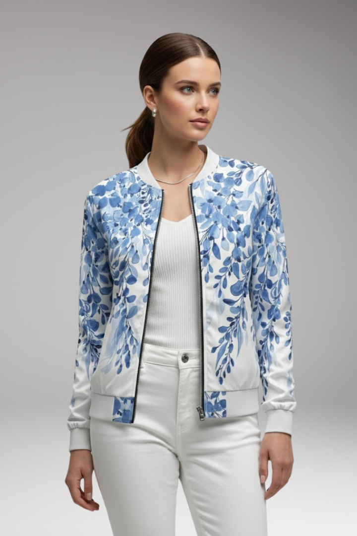 Women's Floral Bomber Jacket with Zip and Ribbed Hem