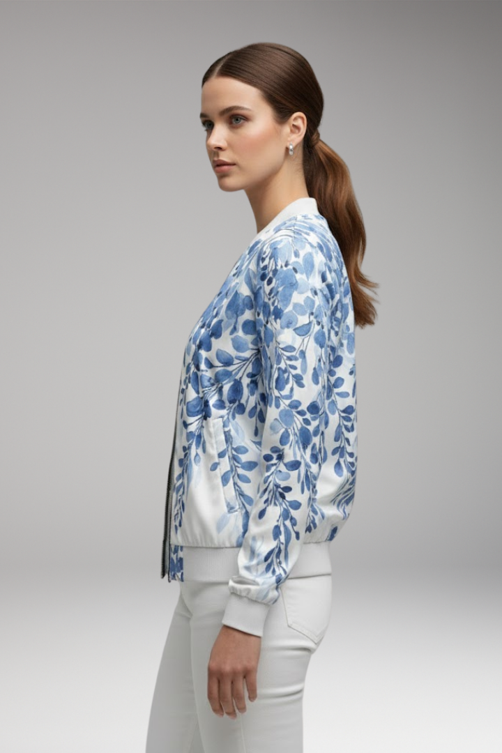 Women's Floral Bomber Jacket with Zip and Ribbed Hem