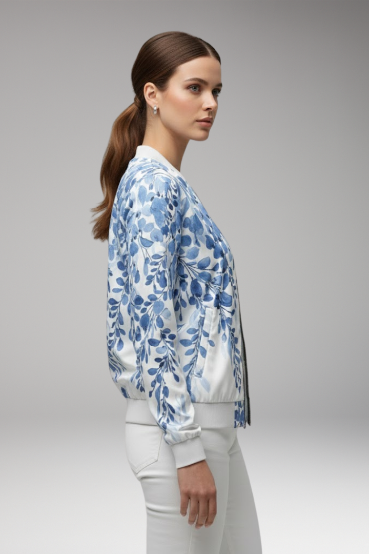 Women's Floral Bomber Jacket with Zip and Ribbed Hem