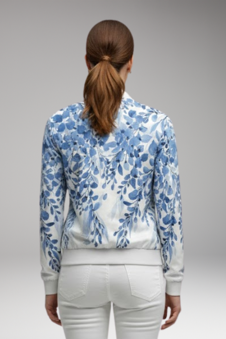 Women's Floral Bomber Jacket with Zip and Ribbed Hem
