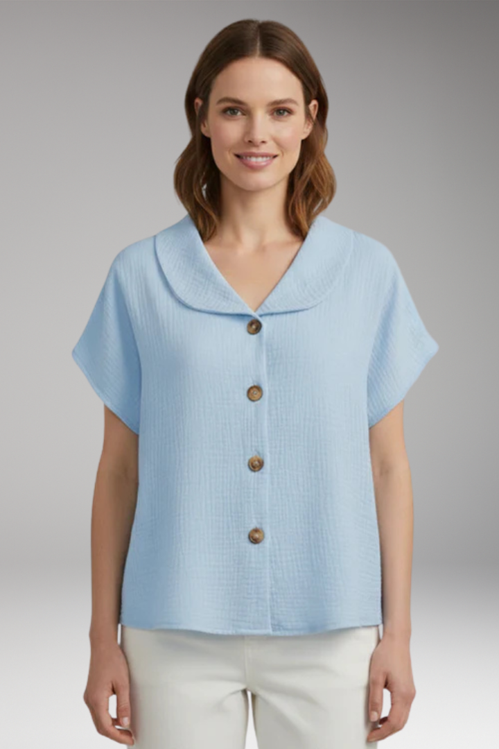 Women Button Front Blouse with Short Sleeves
