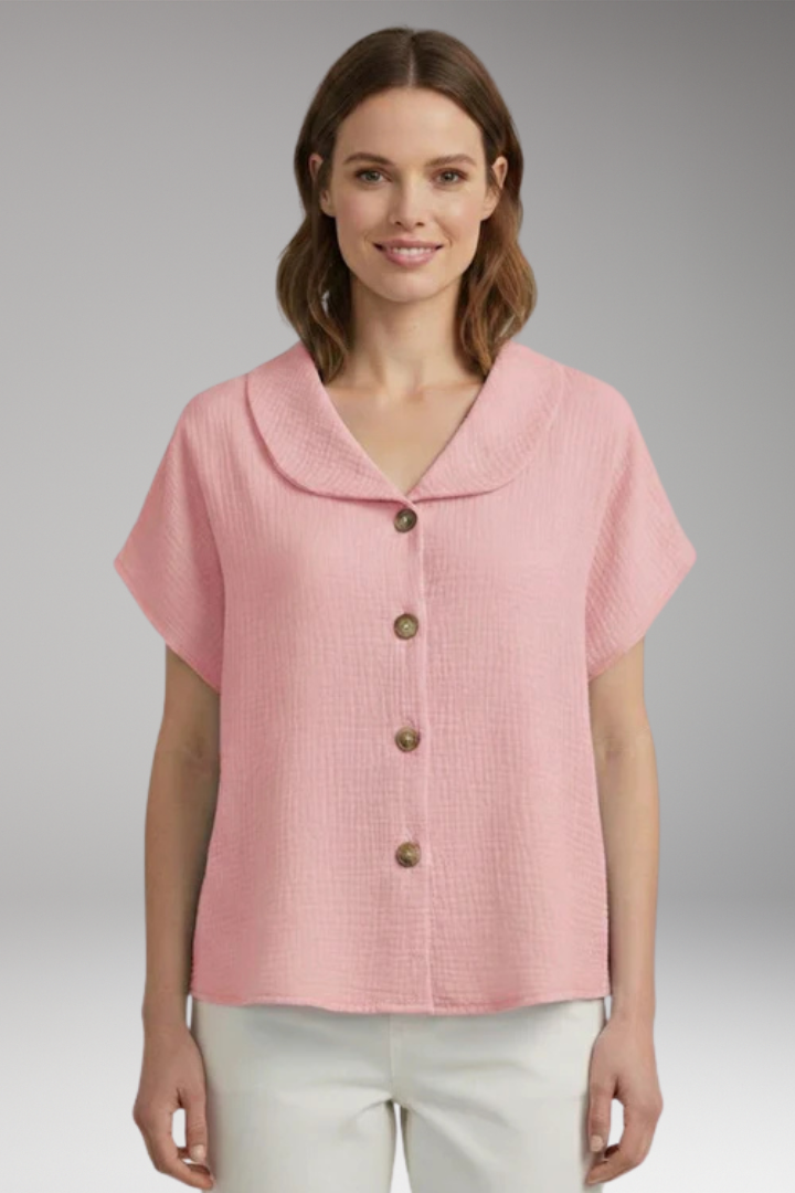 Women Button Front Blouse with Short Sleeves