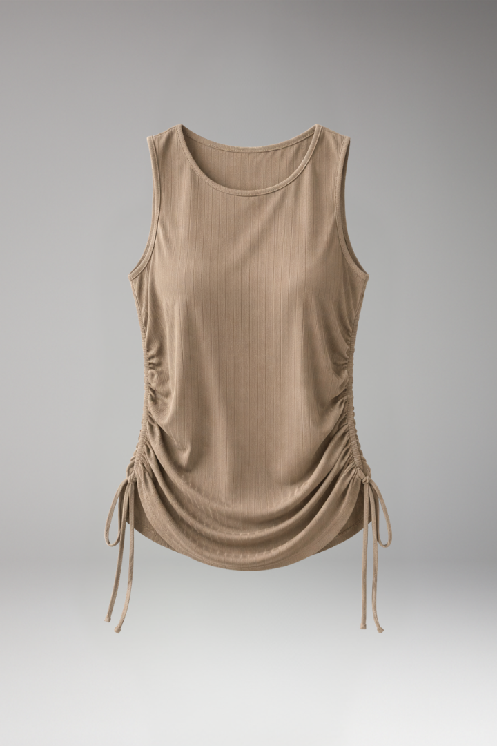 Women Sleeveless Top with Round Neck and Side Drawstrings