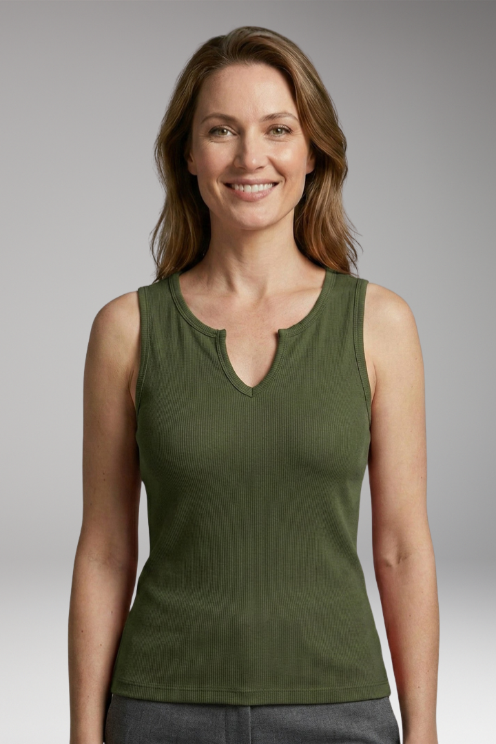 Women Sleeveless Top with V-Neck and Plain Surface