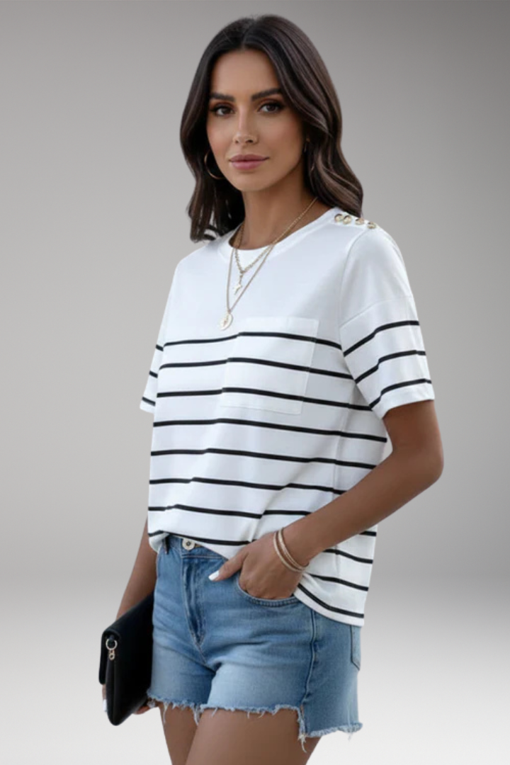 Women T-Shirt with Round Neck and Shoulder Buttons